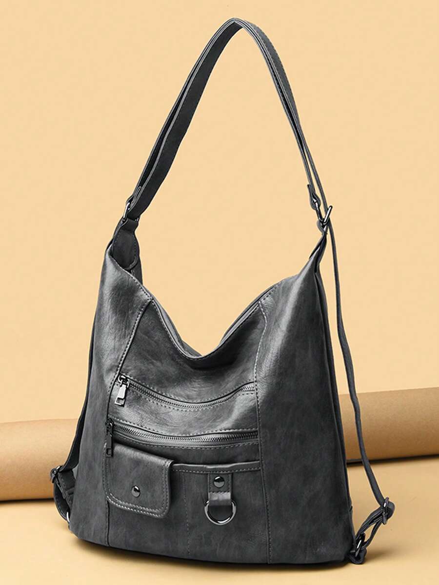 New Arrival Large Capacity Retro Fashionable Soft Leather Mom Bag With Multiple Pockets - Grey - View 1