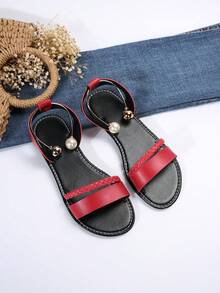 歐美風格女士加大尺碼開趾編織皮革涼鞋,黑紅配色,時尚休閒,適合夏日戶外活動 - 紅色 - 查看 5