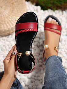歐美風格女士加大尺碼開趾編織皮革涼鞋,黑紅配色,時尚休閒,適合夏日戶外活動 - 紅色 - 查看 1