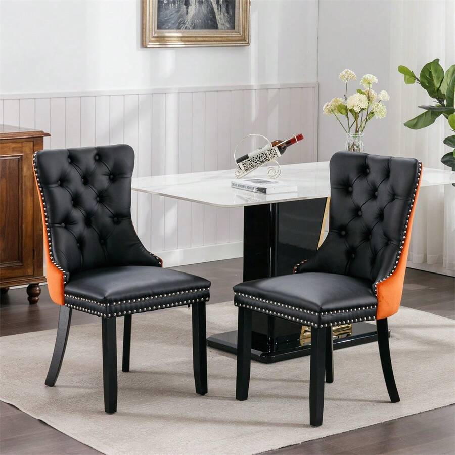 Furniture,Nikki Collection Modern, High-end Tufted Solid Wood Contemporary PU and Velvet Upholstered Dining Chair with Wood Legs Nailhead Trim 2-Pcs Set