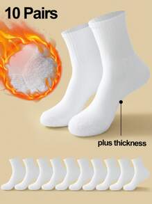 10pairs White Thickened Socks For Men With Terry Cushion, Odor Resistance, Moisture Absorption And Casual Style, Suitable For Winter - White - View 1