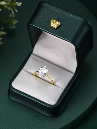 1 stuk 3Ct 925 Sterling Zilver VERGULD 14K Goud Klassiek Ovaal Ring Met Geschenkendoos , Voor Vriendin , Verjaardagscadeau Trouwring Fijn Juwelen