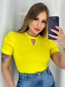 Blusa De Punto Con Detalle De Pliegues En Las Mangas - Amarillo - Ver 1