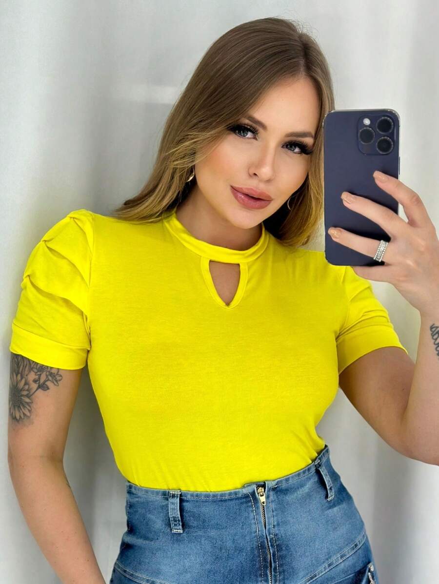 Blusa De Punto Con Detalle De Pliegues En Las Mangas - Amarillo - Ver 1