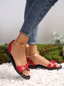 European And American Style Plus Size Color Block Open Toe Sandals With Beading Detail, Red, Summer - Red - View 2