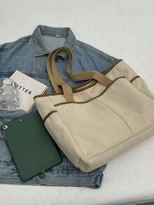 Bolso De Mano De Terciopelo Para Mujer, De Gran Tamaño Con Diseño De Bloques De Color, Bolso Estilo Universitario - Beis - Ver 2