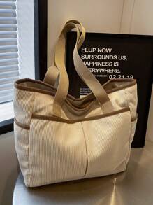 Bolso De Mano De Terciopelo Para Mujer, De Gran Tamaño Con Diseño De Bloques De Color, Bolso Estilo Universitario - Beis - Ver 1