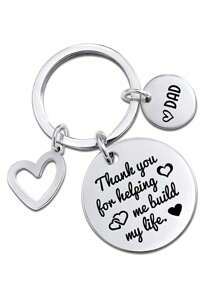 1pc Father's Day Stainless Steel Keychain With Heart Shaped Pendant & Dad Letters, Birthday Gift For Men - Silver - View 1