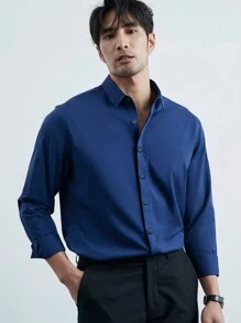 Top Masculino Camisa Lisa Masculina Con Elastano Ajuste Estrecho Manga Larga Sin Bolsillo Hecho En China - azul real - Ver 2