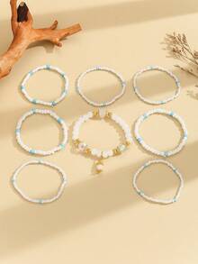 8 件/套波西米亞風格彩色玻璃珠吊墜女式串珠手鍊 - 白色 - 查看 2