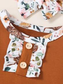 Baby Girls' Ruffle Trim Long Sleeve Bodysuit With Flower, Cow And Animal Print Pants And Headband Set - Multicolor - View 4