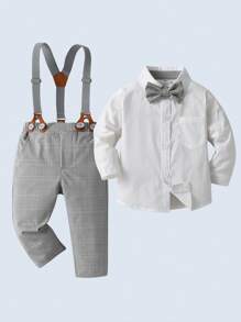 BOARNSEORL Set da 2 pezzi per ragazzi di elegante stile: camicia a maniche lunghe con fiocco e pantaloni con bretelle, alla moda, adatto per compleanno, festa, eventi, matrimonio