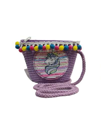 Mikko Bolso de Paja para Niñas: Estilo Bohemio Minimalista con Lentejuelas de Unicornio y Sonrisa, Adornado con Cinta de Borlas y Doble Dibujo - Un Toque Mágico y Alegre para las Pequeñas, Bolso de paja de niñas minimalista bohemio con diseño lentejuelas unicornio y sonrisa con cinta de borlas doble dibujo