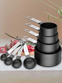 4pcs Stainless Steel Measuring Cups And Spoons Set, Stackable With Plastic Handles, Precise Measurement For Dry And Wet Ingredients, Including Small Tea Spoon - Black - View 1
