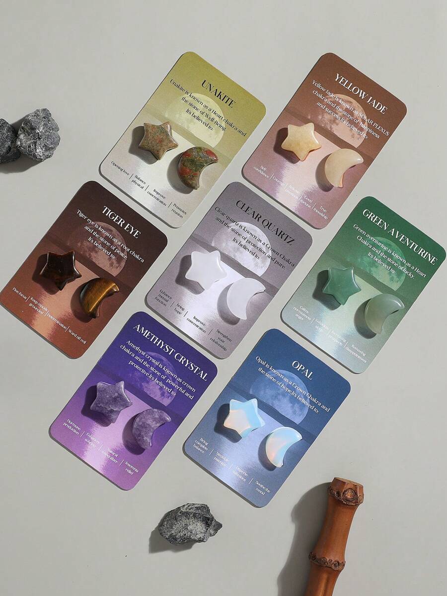 Natural Star&Moon Crystals Shaped Healing Stones Card   Stones Polished Love Gemstones Pocket Set Bulk Balancing Meditation Decorate Family Fish Tank Gifts - Multicolor - View 1