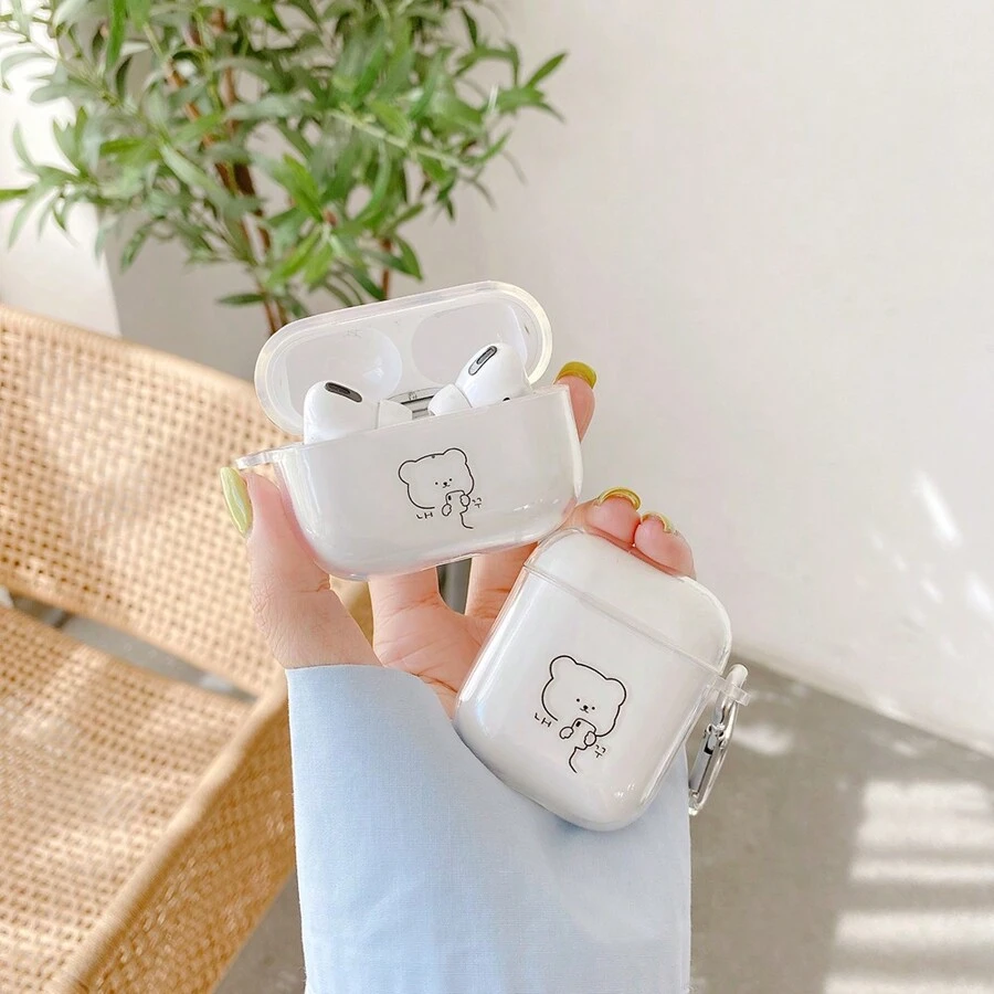 Ốp bảo vệ tai nghe trong suốt in hình gấu, tương thích với 2/3/Pro/Pro2/Pro3, 4 ngăn bảo vệ. - Trong sáng - Xem 1