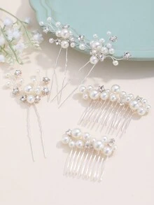 5入組女士白色仿珍珠五角水鑽,可多種組合的發梳、發簪,休閒新娘頭飾