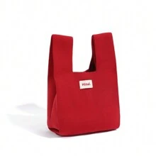 1pc Red Foldable Knit Handbag/Wrist Bag Mini Travel Tote Bag Solid Color Simple Casual Style Portable Foldable Breathable Women's Tote Bag Perfect For Vacation, School, Work Commute, Shopping - Red - View 1