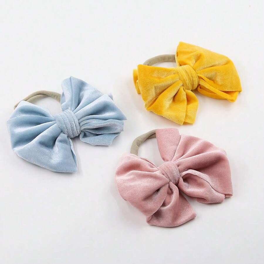 3入組寶寶絨面蝴蝶結尼龍頭帶,彈性無縫包覆新生兒和幼兒,秋冬季節適用