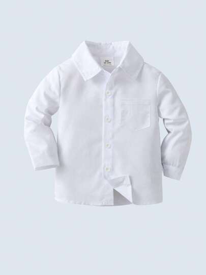 Young Boy White Long Sleeve Shirt With Front Button Closure And Turn-Down Collar, Suitable For School, Activities And Festivals