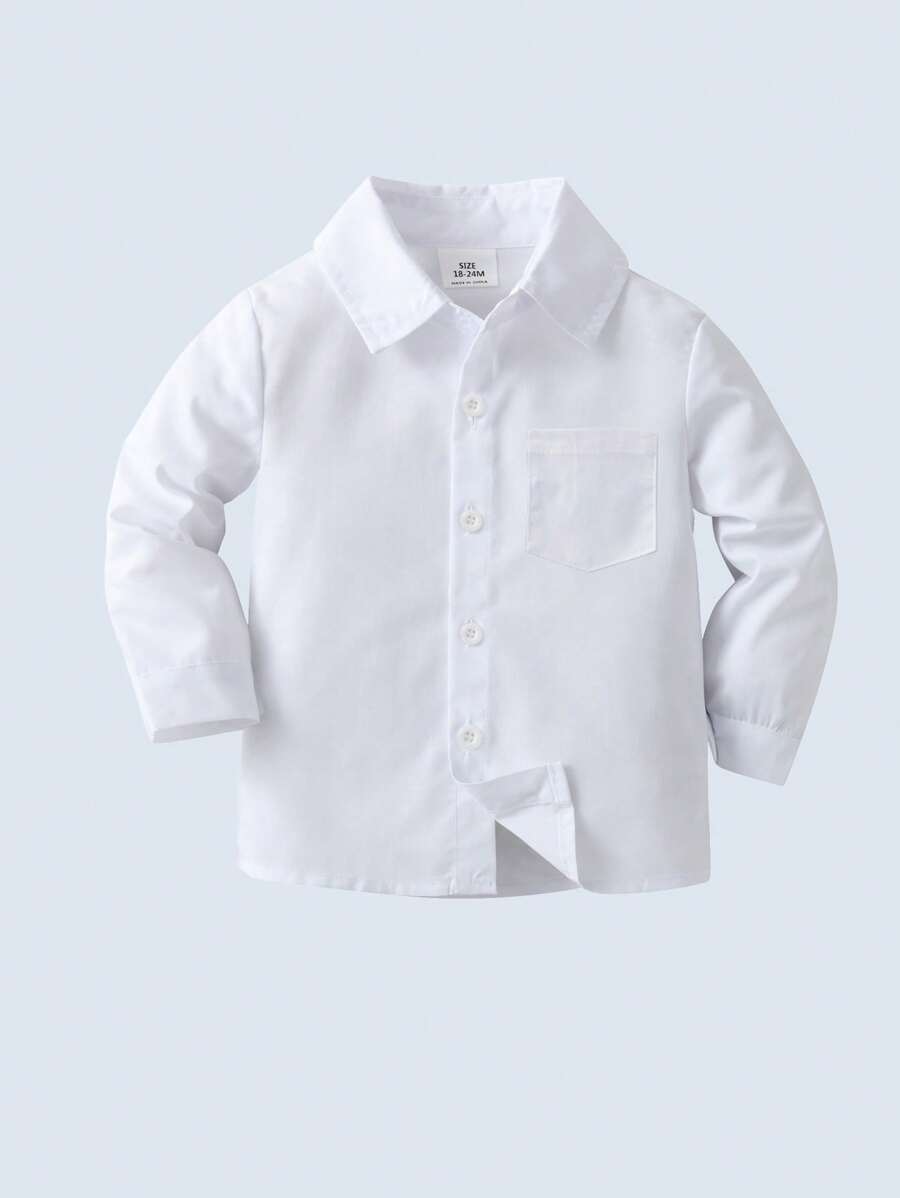 Young Boy White Long Sleeve Shirt With Front Button Closure And Turn-Down Collar, Suitable For School, Activities And Festivals - White - View 1