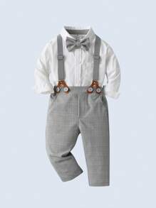 BOARNSEORL Set da 2 pezzi per ragazzi di elegante stile: camicia a maniche lunghe con fiocco e pantaloni con bretelle, alla moda, adatto per compleanno, festa, eventi, matrimonio