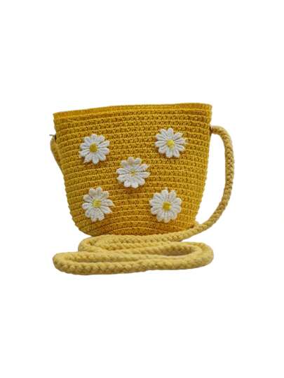 Mikko Bolso de Paja para Niñas Estilo Bohemio Minimalista: Con Diseño de Margaritas y Cierre de Cremallera - Elegancia Natural y Joven para el Verano, Disponible en  Bolso de paja de niñas minimalista bohemio con diseño flores margaritas con cremallera