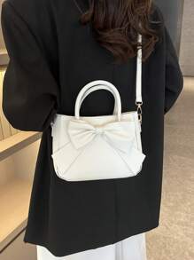 奢华蝴蝶结装饰手提包 - 女士双手柄钱包，时尚女性的小型仿皮斜挎包，送给她的完美情人节礼物，女士蝴蝶结钱包，有史以来最好的情人节礼物选择 - 白色 - 查看 3