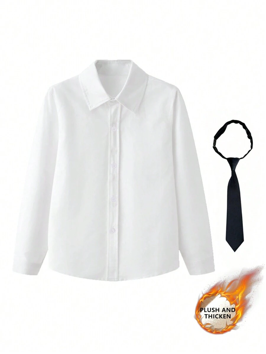 2入組男孩實色加厚長袖襯衫套裝，附領帶，適用於秋冬季節 - 白色 - 查看 1