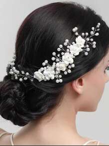 1入組女性時尚甜美優雅珍珠花裝飾髮箍，用於後頭髮髻 - 白色 - 查看 1