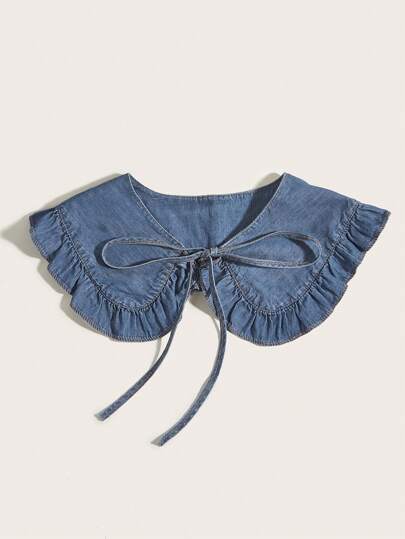 1 Piece Of Women's Blue Washed Denim Fake Collar Pleated Lace Shawl Collar Fashionable Personalized Matching Cute Valentine's Day