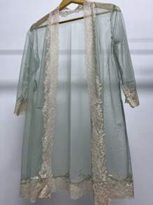 QING ROU 女士綠色性感極簡風格網紗浴袍和腰帶，配對比蕾絲 - 綠色 - 查看 3