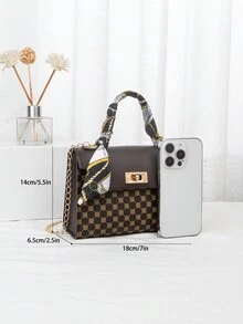 全新时尚丝巾装饰链条单肩斜挎包手提包 - 咖啡棕 - 查看 2