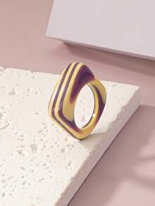 1只時尚簡約優雅的幾何紫色與黃色條紋光澤樹脂戒指 - 彩色 - 查看 3