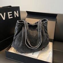 New Denim Women's Bag, Retro Casual Shoulder Underarm Bag, Canvas Large Capacity Tote Bag, Black - Black - View 3