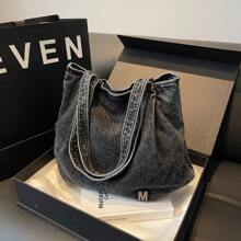 New Denim Women's Bag, Retro Casual Shoulder Underarm Bag, Canvas Large Capacity Tote Bag, Black - Black - View 2