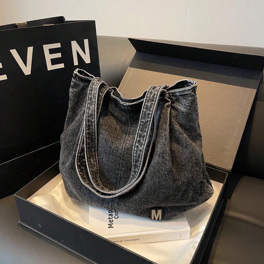 New Denim Women's Bag, Retro Casual Shoulder Underarm Bag, Canvas Large Capacity Tote Bag, Black