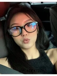 1副时尚猫眼无框時尚眼鏡，复古黑色镜框显瘦眼镜，复古美学，圣诞节、情人节礼物 - 黑色 - 查看 5