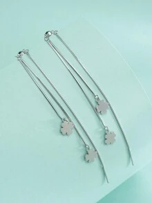 1 對簡約 925 銀四葉草長鏈吊式穿線耳環流蘇耳環適合女士日常佩戴 - 銀色 - 查看 6