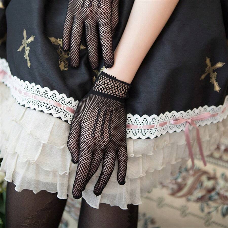 1pair Ladies' Lace & Fishnet Stretchy Gloves, Sex And Elegant Style Thin Gloves For Wedding Dress - Black - View 1