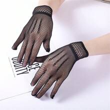 1pair Ladies' Lace & Fishnet Stretchy Gloves, Sex And Elegant Style Thin Gloves For Wedding Dress - Black - View 3