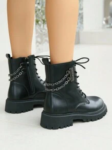 女款英倫風鏈條裝飾靴2023秋冬新款時尚加厚雪靴中長 - 黑色 - 查看 3