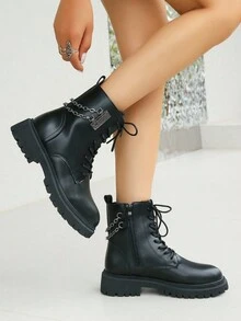 女款英倫風鏈條裝飾靴2023秋冬新款時尚加厚雪靴中長 - 黑色 - 查看 4