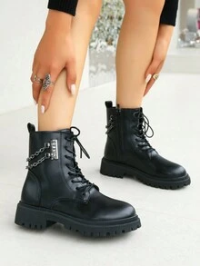 女款英倫風鏈條裝飾靴2023秋冬新款時尚加厚雪靴中長 - 黑色 - 查看 5