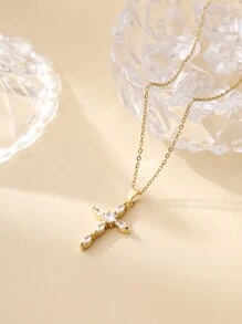 1pc Gold-plated & Cubic Zirconia Inlaid Cross Pendant Necklace For Men - Multicolor - View 1