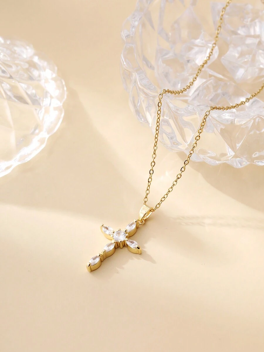 1pc Gold-plated & Cubic Zirconia Inlaid Cross Pendant Necklace For Men - Multicolor - View 1