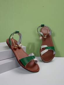 歐美風格大碼彩色異材質綠白女拖,休閒時尚戶外沙灘鞋,夏季必備 - 綠色 - 查看 4