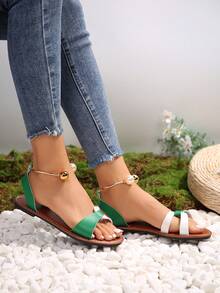 歐美風格大碼彩色異材質綠白女拖,休閒時尚戶外沙灘鞋,夏季必備 - 綠色 - 查看 2