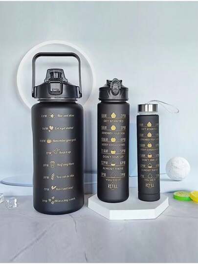 زجاجة مياه بسعة كبيرة 2 لتر/750 مل/300 مل ذات تدرج لوني وردي من البولي كربونات، كوب قش للرياضة واللياقة البدنية، مناسبة للاستخدام المنزلي والسفر والخارجي