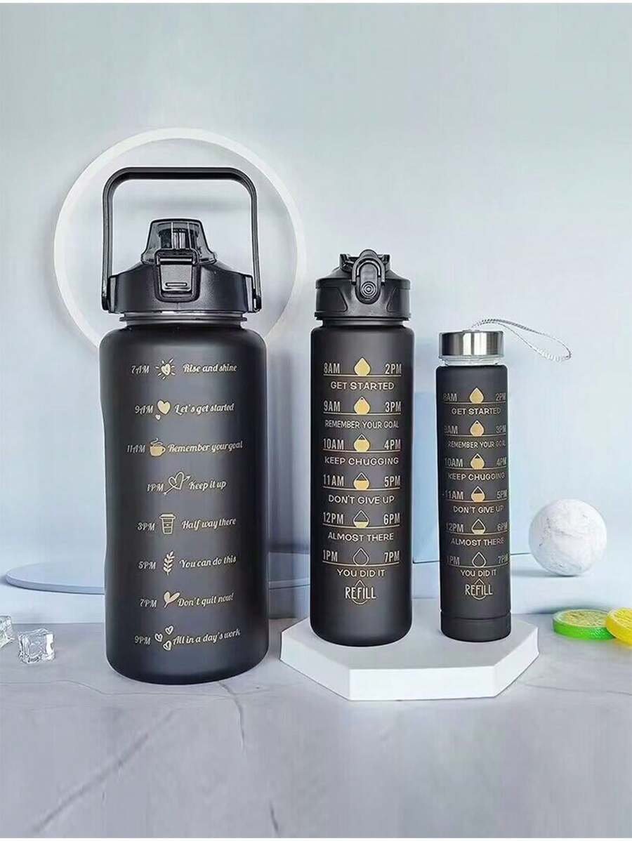 1个2升/750毫升/300毫升大容量粉色渐变PC水瓶，运动健身便携吸管杯，适合居家、旅行和户外活动 - 黑色 - 查看 1